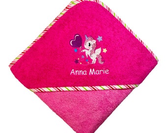 Hooded towel embroidered with name and unicorn, 80x80 or 100x100 cm, various colours