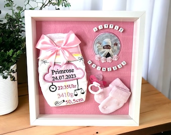 Embroidered diaper with name and dates of birth in a picture frame, gift for birth