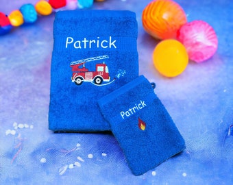 Fire engine towel set with embroidered name beautiful colors 50 x 100 cm and wash mitt