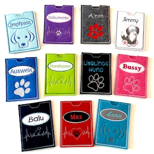 Funda para documentos, DNI, pasaporte canino, certificado de vacunación para perros hecha de fieltro, bordada, personalizada con nombre.