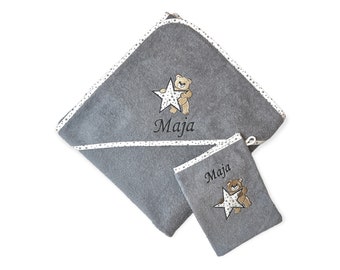 Bear and star hooded towel and washcloth embroidered with name. Very nice and personal gift for babies and children
