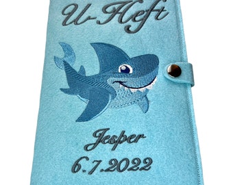 U-booklet cover made of felt, incl. vaccination certificate compartment, shark, light blue