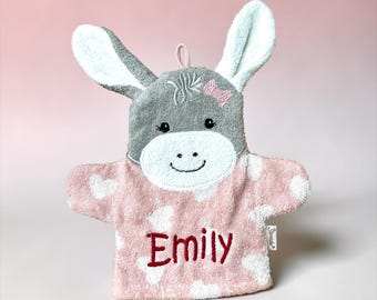 Guanto da lavaggio Emmi Girl Donkey Play Wash Mitt con nome – Panno e burattino 2 in 1 per neonati e bambini, rosa, Sterntaler