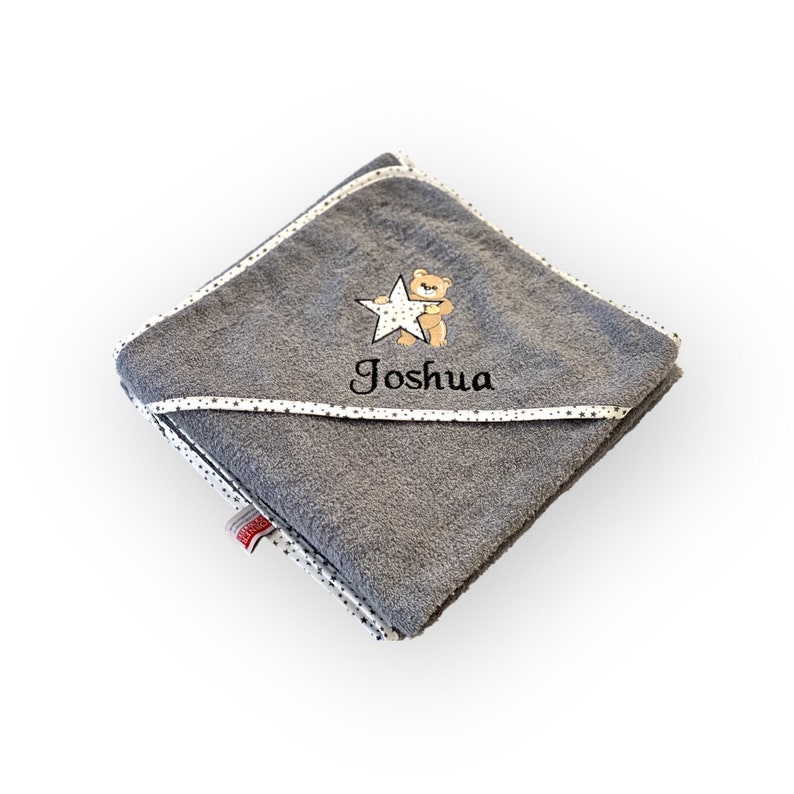 Hooded towel with name 100 x 100 cm, embroidered. Very nice and personal gift for babies and children Grau/Bär