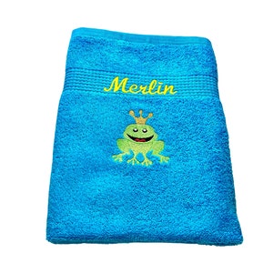 Towel with frog prince and name embroidered, bath towel, guest towel, sauna towel, 4 sizes and beautiful colors