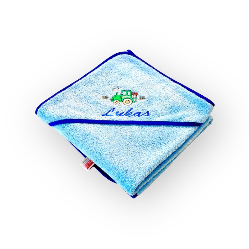 Hooded towel with name 100 x 100 cm, embroidered. Very nice and personal gift for babies and children Hellblau/Traktor