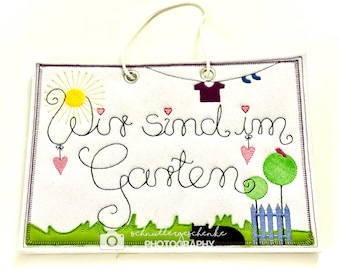 Sign "We are in the garden" made of felt, embroidered, summer, sun, garden