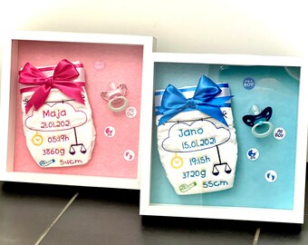 Embroidered diaper with name and dates of birth in picture frame (25 x 25 cm), gift for birth