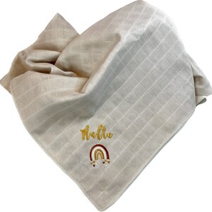 Muslin cloth/diaper embroidered with name and rainbow