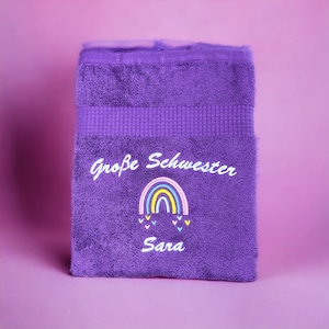 Big sister/brother towel with name and rainbow, bath towel, guest towel, sauna towel, beautiful colors
