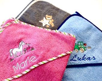 Hooded towel 100 x 100 cm, embroidered with motif and name. Very nice and personal gift for children