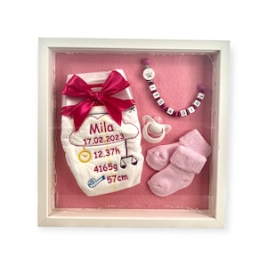 Embroidered diaper with name and birth date in picture frame, gift for birth