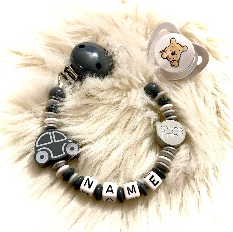 Schnullerkette mit Namen aus Holz Auto und \u201ekleiner PrinzPrinzessin\u201c verschiedene Farben m\u00f6glich