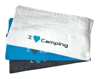 Towel embroidered "I love camping", guest towel, face towel, shower towel, sauna towel