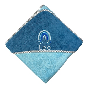 Hooded towel with rainbow and name embroidered, 80x80 or 100 x 100 cm, various colors