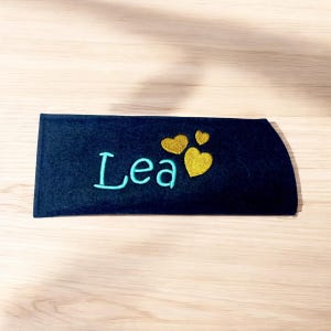 Glasses case embroidered with name and hearts, various colors, felt