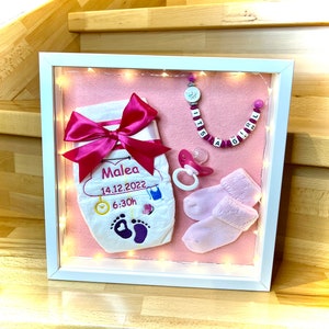 Embroidered diaper with name and birth date in picture frame, gift for birth