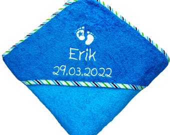 Hooded towel embroidered with name and feet, 100 x 100 cm, different colours