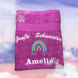 Big sister/brother towel with name and rainbow, bath towel, guest towel, sauna towel, beautiful colors