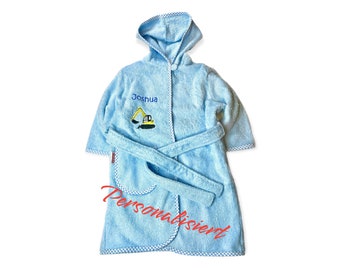 Children's bathrobe with excavator and name embroidered, blue, 74-116