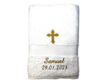 Serviette croix brodée avec nom et date, serviette de douche, serviette invité, serviette sauna, 4 tailles et belles couleurs