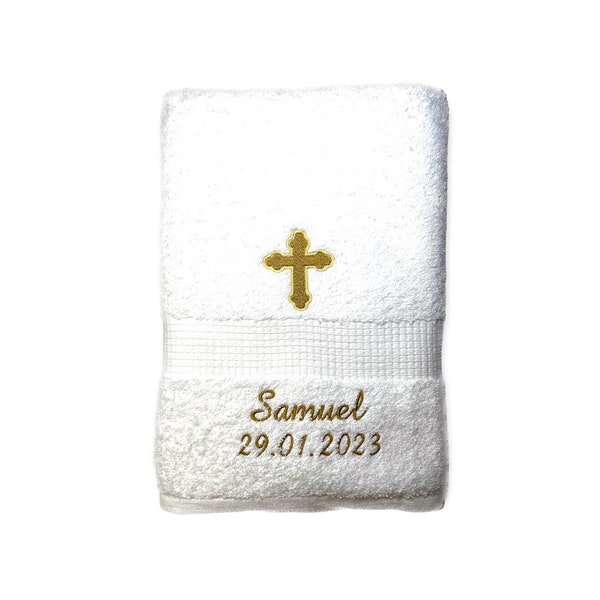Serviette croix brodée avec nom et date, serviette de douche, serviette invité, serviette sauna, 4 tailles et belles couleurs