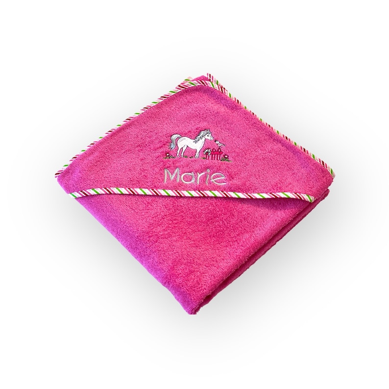 Hooded towel with name 100 x 100 cm, embroidered. Very nice and personal gift for babies and children Pink/Pferd