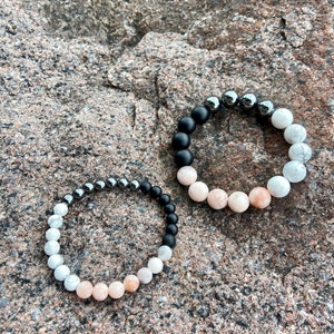 Empath Protection, Optimism and Joy, Calm Anger, Stress Relief Pink Zebra Jasper, White Howlite, Hematite, Black Onyx Natural Stone Bracelet