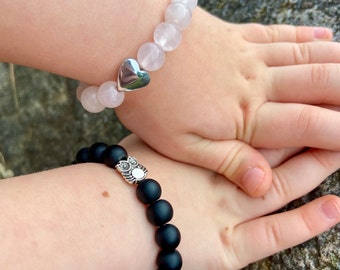 Empath Children Kids Protection, Anxiety Relief Natural Matte Black Onyx Bracelet with Owl Charm and Rose Quartz with Hematite Heart Charm