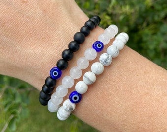 Tiny Evil Eye Bracelet, Evil Eye Protection, Evil Eye Protect Me Bracelet, Natural Stone Black Onyx White Howlite White Jade Beaded Bracelet