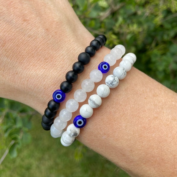 Tiny Evil Eye Bracelet, Evil Eye Protection, Evil Eye Protect Me Bracelet, Natural Stone Black Onyx White Howlite White Jade Beaded Bracelet