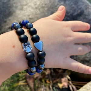 Empath Children Kids Protection, Asperger's syndrome, Autism, ADHD Relief Black Onyx Lapis Lazuli Hematite Bracelet with Owl or Heart Charm