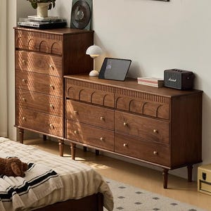 Black Walnut Wardrobe with 6 Drawers, Solid Wood Chest, Vintage Style Storage Cabinet, Mid Century Walnut Bedroom Furniture