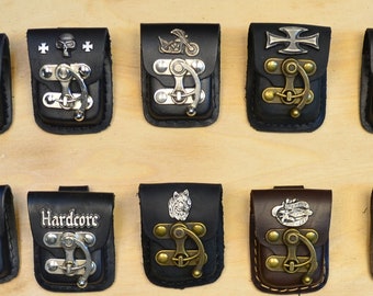 Leather Zippo case for Zippo lighter with clip closure and belt loop, decorated or plain