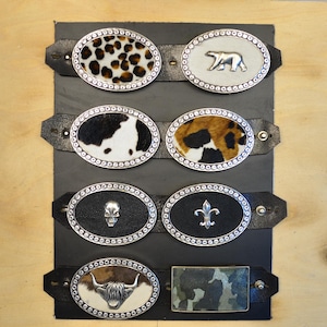 Belt buckle with fur, polar bear, bull head, bear head, horse, leopard skin, cowhide