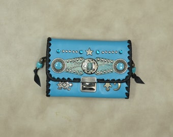 Small purse, turquoise, rivets, rhinestones, leather