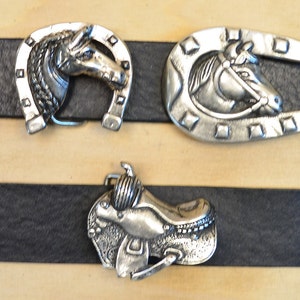 Horse head with horseshoe, saddle, belt buckle for 4 cm belt with animal motif