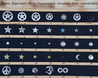 Decorative rivets6: Stars, Texas star, moon, peace sign, England flag, Union Jack, Om, infinity