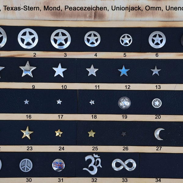 Ziernieten6: Sterne, Texas-Stern, Mond, Peace-Zeichen, England-flagge, Union Jack, Om, Unendlichkeit, infinity