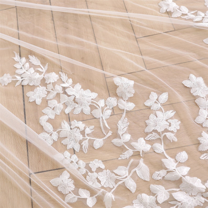 Elegant Bridal Veil with Leaf Lace Applique Cathedral Wedding Etsy