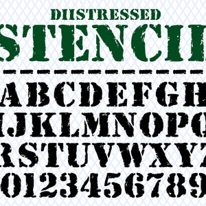 Może przedstawiać: Zniszczony szablonowy font alfabetu w kolorze czarnym i zielonym. Litery są wielkimi i obejmują cyfry od 0 do 9. Słowo "STENCIL" jest w kolorze zielonym, a słowo "DISTRESSED" jest w kolorze niebieskim.