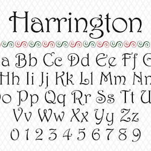 May include: A font alphabet chart with the word "Harrington" at the top. The alphabet is in uppercase and lowercase letters, followed by numbers 0-9. The font is a decorative script style.
