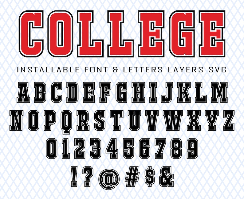 May include: A black and red college font alphabet with uppercase letters, numbers, and punctuation marks. The letters are outlined in black and filled in red. The numbers and punctuation marks are outlined in black and filled in white.