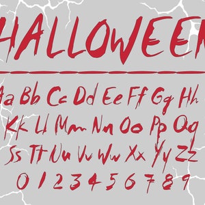 Könnte beinhalten: Rote handgeschriebene Schrift mit dem Wort "HALLOWEEN" oben, gefolgt vom Alphabet in Kleinbuchstaben und den Zahlen 0-9.