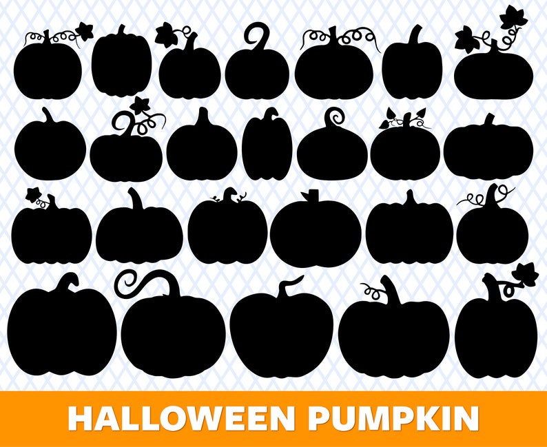 May include: A collection of black pumpkin silhouettes in various shapes and sizes, some with stems and vines. The image has an orange banner at the bottom with the text "HALLOWEEN PUMPKIN".