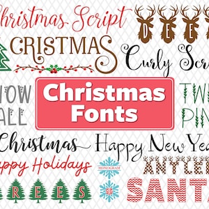 以下が含まれることがあります： スクリプト、カール、ブロックレターなど、さまざまなスタイルのクリスマスフォントのコレクション。フォントは、ダイヤモンドパターンが施された白い背景に、赤、緑、茶色、白で表示されます。テキストには、「Christmas Script」、「CRISTMAS」、「Curly Script」、「SNOW」、「FALL」、「Christmas Fonts」、「TWIG PINE」、「Christmas Happy New Years」、「Happy Holidays」、「TREES」、「ANTLERS」、「SANTA」が含まれています。