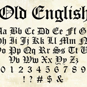 May include: A complete Old English font set in black, including uppercase and lowercase letters, numbers, and symbols. The font is displayed on a beige background with a vintage paper texture. The words "Old English" are at the top.
