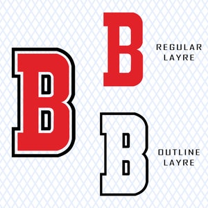 May include: Two versions of the letter "B" in a bold, blocky font. The top version is red with a black outline. The bottom version is black with a white outline. The text "REGULAR LAYRE" appears to the right of the top version and "OUTLINE LAYRE" appears to the right of the bottom version.