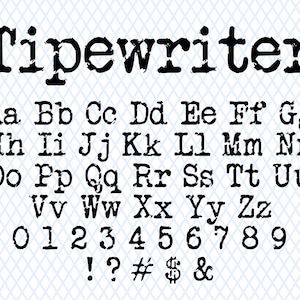 May include: Black and white image of a typewriter font alphabet with uppercase and lowercase letters, numbers, and punctuation marks. The font is a vintage typewriter style.