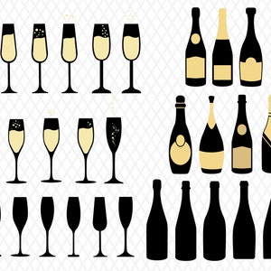 May include: A set of black silhouette illustrations of champagne bottles and glasses. The bottles are full and empty, and the glasses are filled with champagne and empty. The illustrations are perfect for creating a festive design.